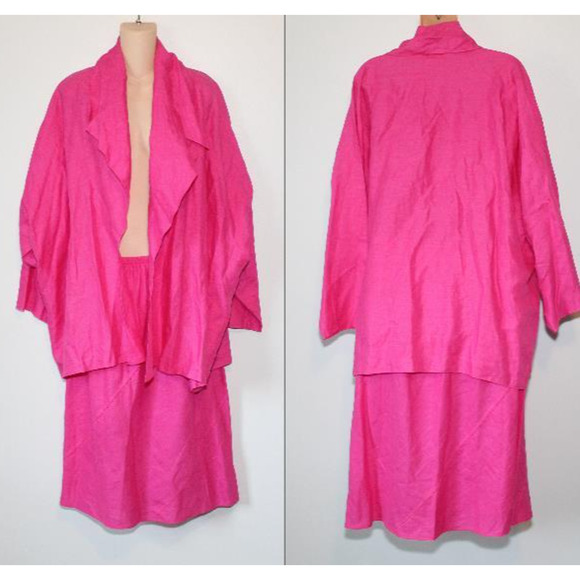 SHAMASK 100% Linen Jacket & Skirt Set Pink Size 2 3 Oversized Lagonlook Coastal - Picture 15 of 16